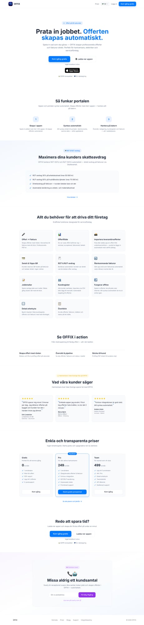 OFFIX Landing page – röst till offert för hantverkare
